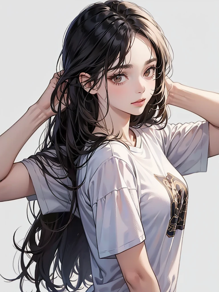 long straight black hair, brown eyes, Sharp features, white skin, perfect, t-shirt, simple background, 1 girl,