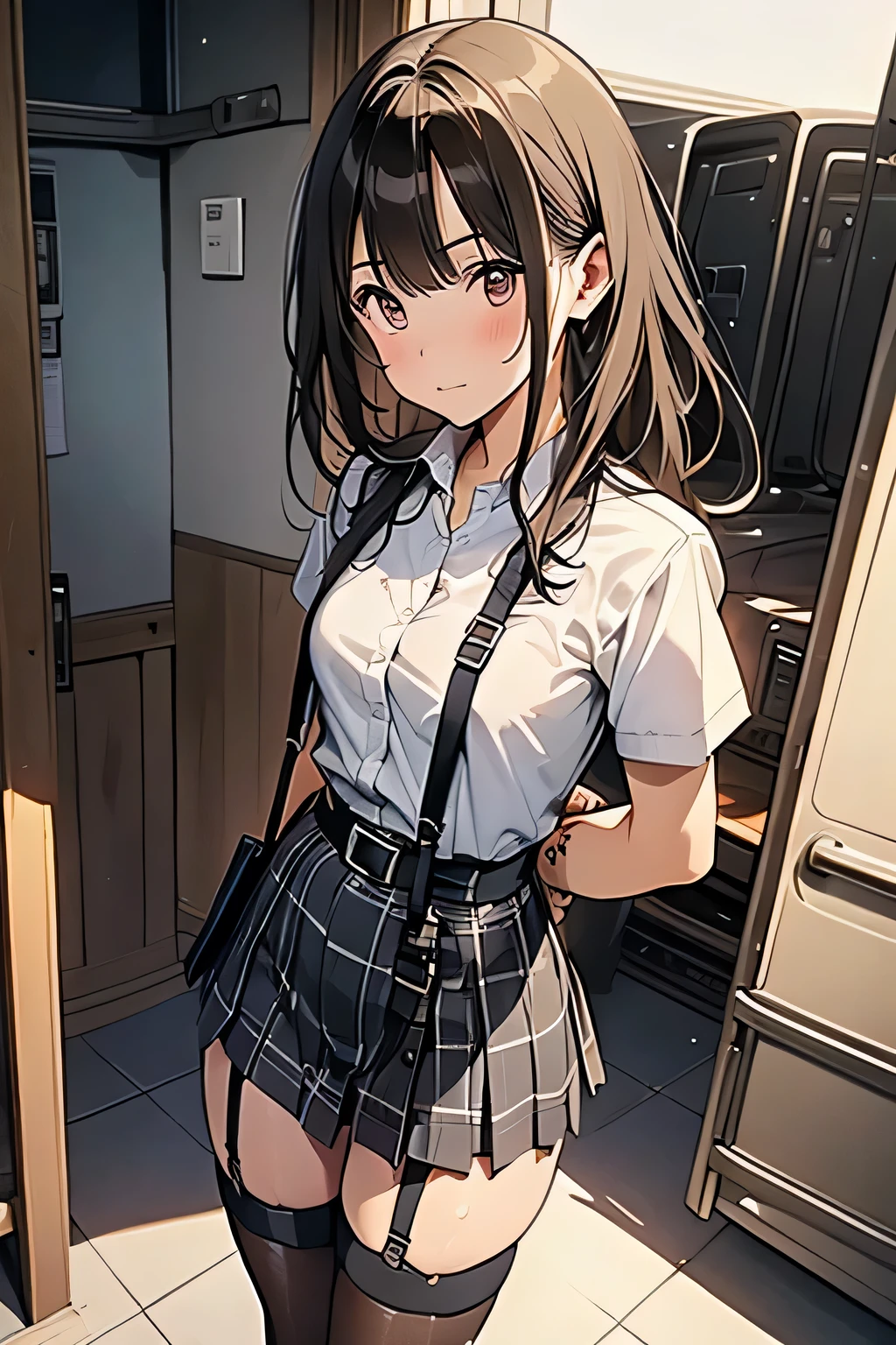 1 female, , high quality, masterpiece, Ultra-high resolution, Cinema Lighting, 1 female, , high quality, masterpiece, Ultra-high resolution, , Cinema Lighting, suspenders　　　Moderate breasts　 　 　　　　　 　　　　Small face　 　　　　　　　　　　　Looking up　　　　Sweat 　　　Thin belt　buzzer　脇Sweat 　　　　 　garter belt　　Belt on pants　　holster　 　　Hands behind your back　 　Looking up　Anxious face　Knee-high　Knee socks　Knee-highソックス 　garter　ふとももにgarter belt　Checkered mini skirt　 　　Panty shot　Skirt gap Armament　　　holster　holster 　　Hands behind your back　 Anxious expression　　Anxious face, legs apart　Armament　　Leg Holster　holster　See-through clothing　heavy rain　Rain-soaked dress shirt,Moderate breasts　ガーターbelt　suspenders　Garter on the thigh　Checkered mini skirt　Looking up　Pause　belt　Armpit sweat　Hands behind back　Raise your hands