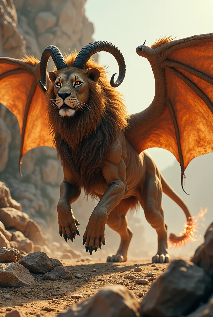 Chimera. According to Greek mythology,[1] the Chimera, Chimaera, Chimæra, or Khimaira (/kaɪˈmɪərə, kɪ-/ ky-MEER-ə, kih-; Ancient Greek: Xίμαιρα, romanized: Chímaira, lit. 'she-goat')[2] was a monstrous fire-breathing hybrid creature from Lycia, Asia Minor, composed of different animal parts. Typically, it is depicted as a lion with a goat's head protruding from its back and a tail ending with a snake's head. Some representations also include dragon's wings.[3] It was an offspring of Typhon and Echidna and a sibling of monsters like Cerberus and the Lernaean Hydra.. realistic 