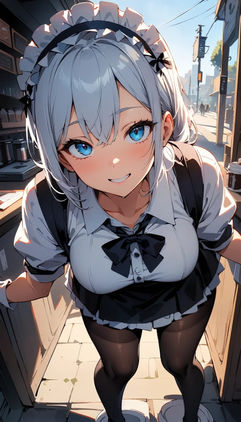 (high quality, 8k, 4K, High Contrast, masterpiece:1.2, 最high quality, Best aesthetics), , Maid, Very detailed, Seductive and erotic girl with lace headdress, smile, (Normal milk, Silver fur), Focus on the face, Focus on the face, Complex eyes, tights, laced tights, coffee shop, Ground angle shot, Viewers looking up, feet in tights, Open-chested clothing