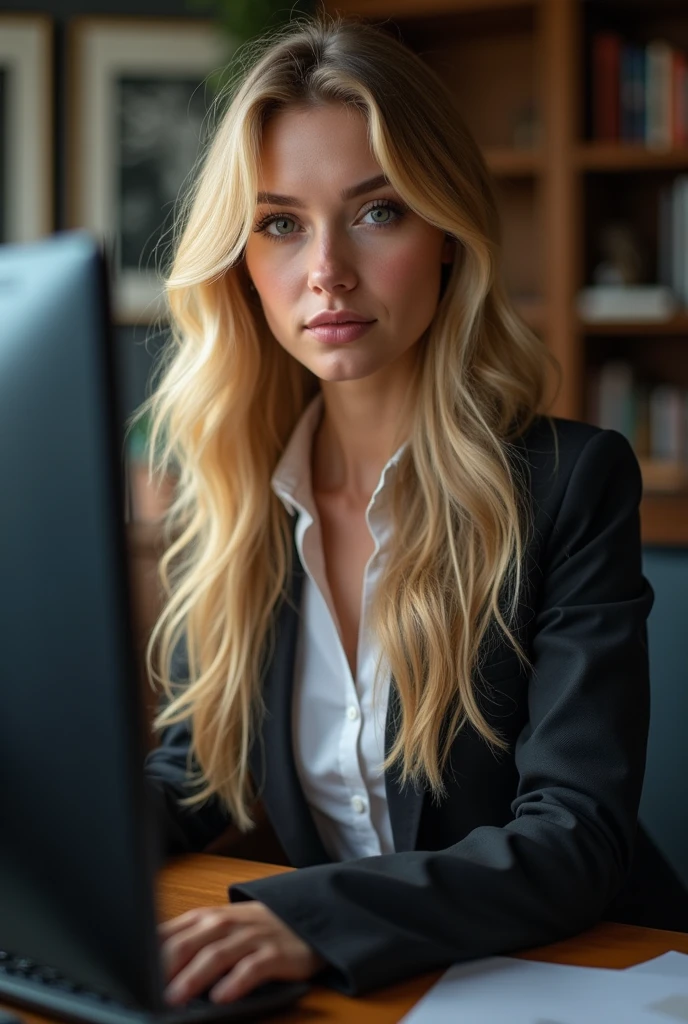 a beautiful girl with long blonde hair, detailed eyes, nose, and lips, wearing  professional outfit, siting in her office, using her computer, hp comuter (best quality,4k,8k,highres,masterpiece:1.2),ultra-detailed,(realistic,photorealistic,photo-realistic:1.37),HDR,studio lighting,extremely detailed face and body, portrait,cinematic lighting,dramatic lighting,warm color tones,dramatic colors