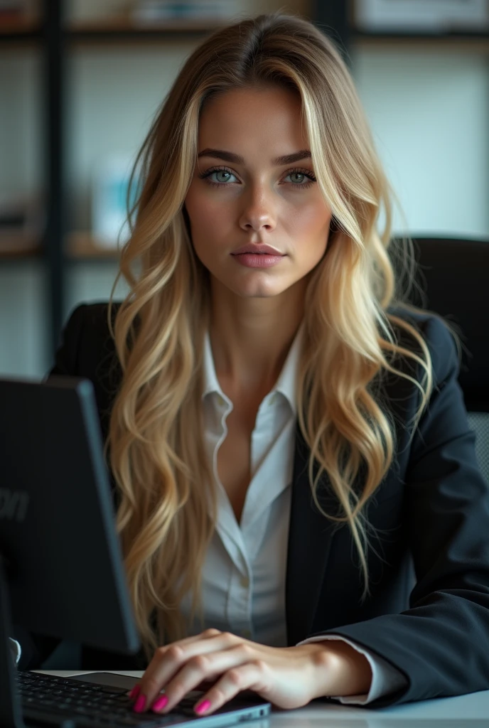 a beautiful girl with long blonde hair, detailed eyes, nose, and lips, wearing professional outfit, siting in her office, using her computer, hp comuter (best quality,4k,8k,highres,masterpiece:1.2),ultra-detailed,(realistic,photorealistic,photo-realistic:1.37),HDR,studio lighting,extremely detailed face and body, portrait,cinematic lighting,dramatic lighting,warm color tones,dramatic colors