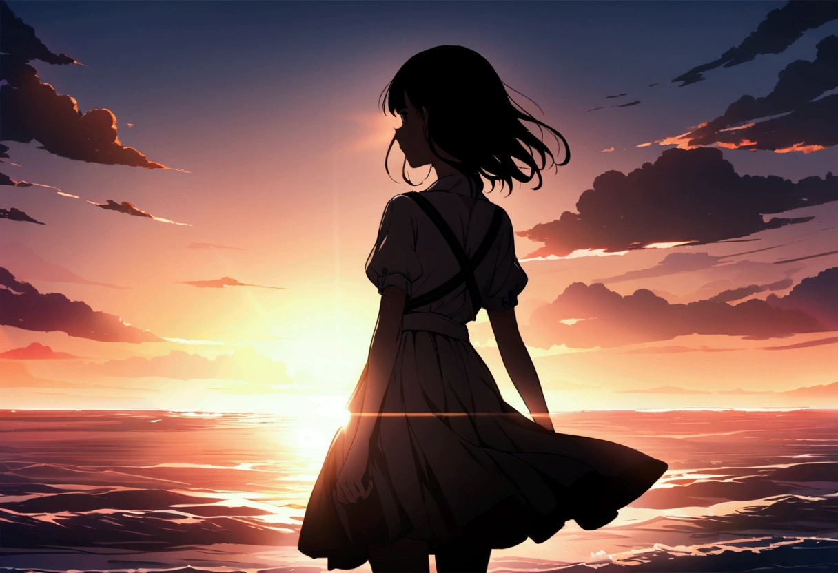 Highly detailed CG Unity 8k wallpaper), coastal,Beautiful young woman in sunny weather, 海に向かってshout、shout、Back view,skirt, stand、full_body, dramatic, バックLight, Light, Volumetric Lighting, Simple Background、sunset、horizontal line、