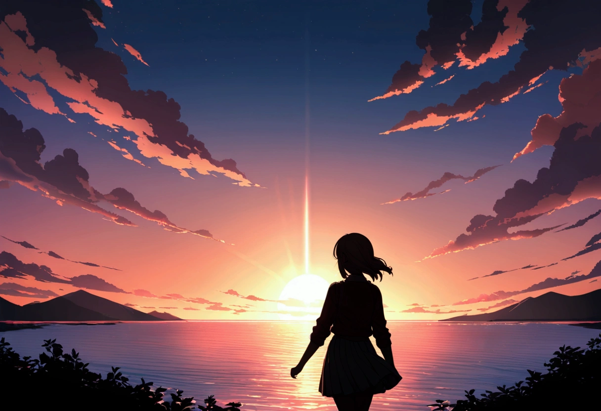 Highly detailed CG Unity 8k wallpaper), coastal，Beautiful young woman in sunny weather, 海に向かってshout、shout、Back view,skirt, stand、full_body, dramatic, バックLight, Light, Volumetric Lighting, Simple Background、sunset、horizontal line、