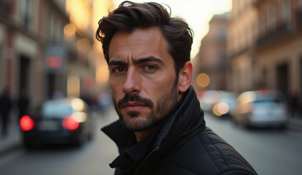 Portrait of a 35-year-old adult man with a youthful appearance, with himself as the main subject. He should have short, slightly wavy dark brown hair and a thin beard evenly distributed across his face, as well as a serious, thoughtful expression, looking directly at the camera. He is in an outdoor environment, suggesting a busy street in an urban center on a late afternoon at sunset, with natural lighting coming from the side, creating a soft effect that creates diffuse shadows highlighting the texture of the skin and the brightness of the eyes, and emphasizing the angular features of the face. The background should be wide and blurred, giving a tone of depth, focusing on the main subject, with points of light in a bokeh effect, suggesting light from cars and street lamps. The image should convey a warm and introspective feeling, with a touch of mystery and contemplation. The photograph should capture extreme detail, with high-quality rendering in 8k, while maintaining the serene and enigmatic atmosphere. High quality photography, 8k rendering, extreme detail, realistic portrait, introspective atmosphere, soft and diffused lighting, natural light.