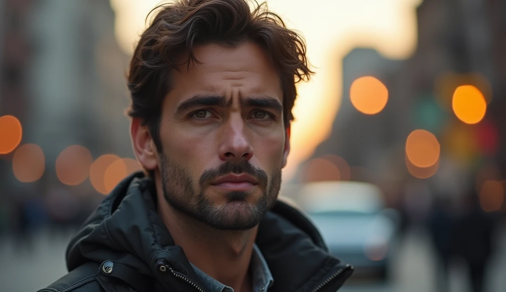 Portrait of a 35-year-old adult man with a youthful appearance, with himself as the main subject. He should have short, slightly wavy dark brown hair and a thin beard evenly distributed across his face, as well as a serious, thoughtful expression, looking directly at the camera. He is in an outdoor environment, suggesting a busy street in an urban center on a late afternoon at sunset, with natural lighting coming from the side, creating a soft effect that creates diffuse shadows highlighting the texture of the skin and the brightness of the eyes, and emphasizing the angular features of the face. The background should be wide and blurred, giving a tone of depth, focusing on the main subject, with points of light in a bokeh effect, suggesting light from cars and street lamps. The image should convey a warm and introspective feeling, with a touch of mystery and contemplation. The photograph should capture extreme detail, with high-quality rendering in 8k, while maintaining the serene and enigmatic atmosphere. High quality photography, 8k rendering, extreme detail, realistic portrait, introspective atmosphere, soft and diffused lighting, natural light.