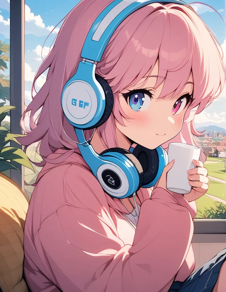alone, lofi girl, lofi artstyle, lofi art, city, town, Anime Girl, woman sitting on a couch with headphones on and holding a cup, listening to music, listening to godly music, listening to music at 2 am, vibing to music, with headphones, relaxing mood, early morning mood, high quality stock picture, photograph taken in 2 0 2 0, with head phones, girl wearing headphones, the girl on a windowsill, Better hand, better finger, extreme fisheye lens, heterochromia, multicolored eyes, split-color hair, Soft hair, flower, outdoors, sky, day, cloud, tree, blue sky, grass, plant, nature, scenery, stairs, sunflower, 80s anime style, Retro, Lo-Fi