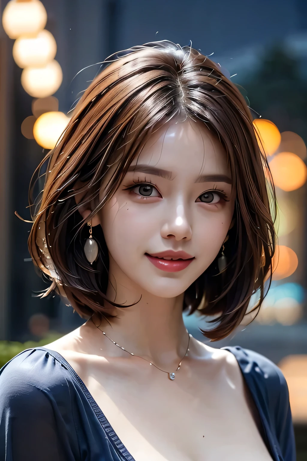 ((1. The Ultimate Beautiful Japanese Woman)), alone,middle aged,Detailed eyes,Detailed Lip,Detailed eyes,double eyelid,Beautiful Teeth,
Glossy bob hair,
(Cowboy Shot),
(Grin),
(Pale yellow wrap maxi dress),Earrings,
Big Breasts,
Long eyelashes,
(eye shadow),
break
((Bokeh,night):1.37),4K wallpaper,(masterpiece),(Realistic),(フォトRealistic),
High resolution,