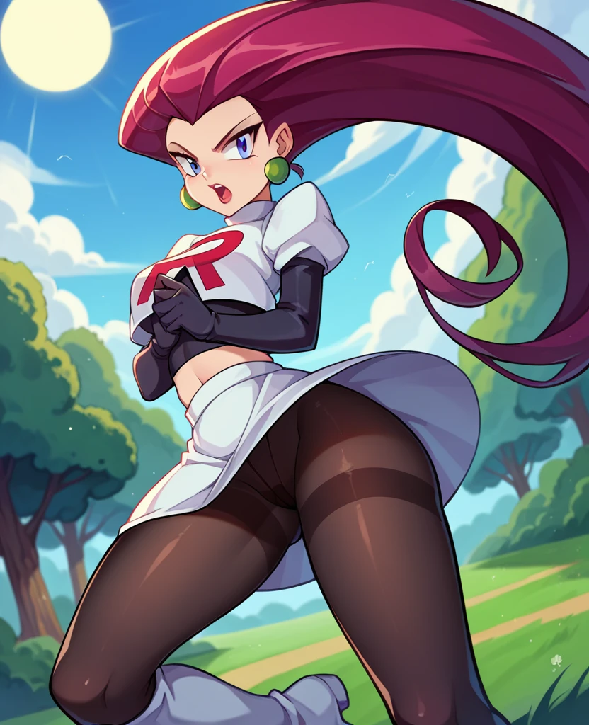 Jessie,  team rocket, black shiny sheer pantyhose,  gloves,  high boots,  candid upskirt,  sun shiny day 