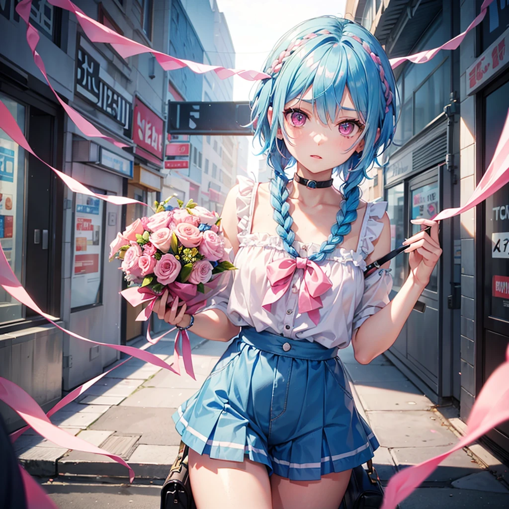 (Sky blue hair),(Braided Short Hair), (Pink Eyes),Fair skin) ,(whole body),(one person's),(Embarrassing),(The background is a school classroom),(Heart lettering written on a blackboard),(Heart-shaped chocolate),(I will pass it forward with both hands.),(Sailor suit),(Valentine's Day),(masterpiece, Highest quality, Very detailed, Best Shadow), (Detailed Background), (Beautifully detailed face), High Contrast, (Best lighting, Very delicate and beautiful), ((Cinematic Light)), Hyper Detail,8k, Dramatic Light, Intricate details,high quality intelligence