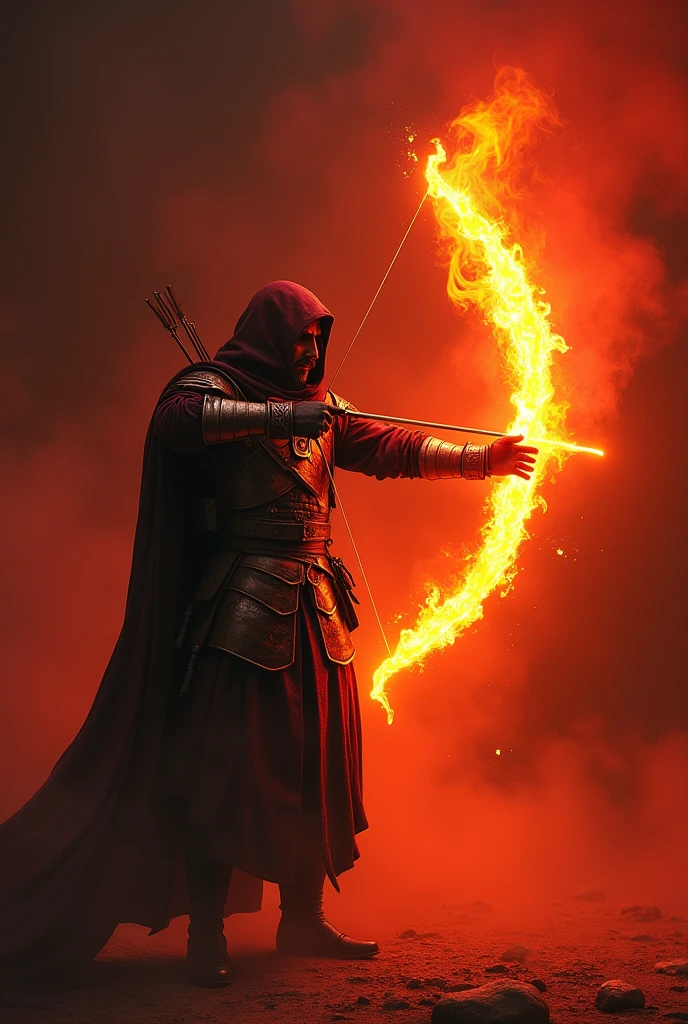 The image shows a mystical archer in dark, medieval armor. The warrior wears a cloak and hood, which partially covers his face. The armor appears robust and consists of several layers of leather and metal, that protect him well.

To replace the bow through an arc of fire, imagine, that the bow in his hands is made of blazing flames. The arc of flames radiates an intense, living light from, that illuminates the surroundings in warm red hues. The flames lick dynamically along the bow, giving it a magical and powerful aura. The heat of the bow alters the air around it, so it appears, as if waves dance in the air.