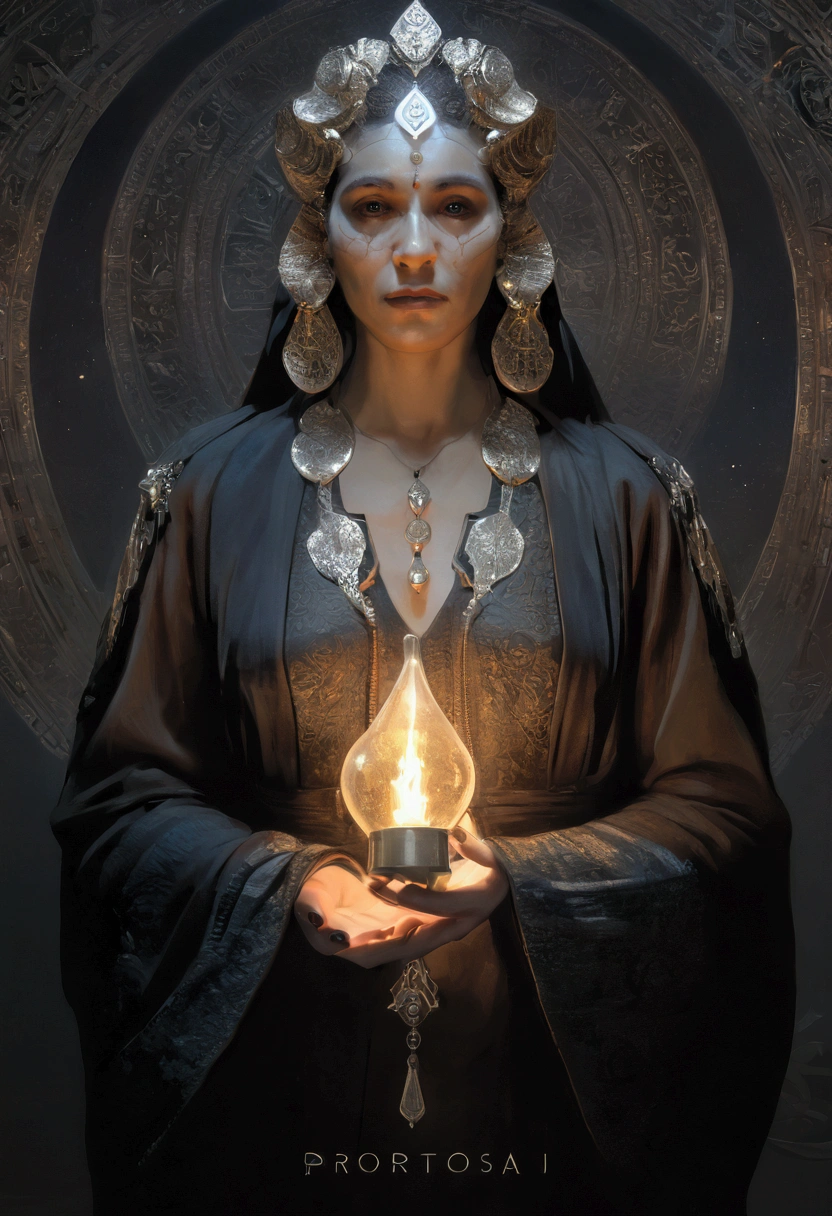 a close up of a person holding a light in their hand, yuri shwedoff and tom bagshaw, jen bartel, inspired by Petros Afshar, priestess, art deco shaman, by Petros Afshar, high priestess, portrait of a digital shaman, portrait of a priestess, anato finnstark and alena aenami