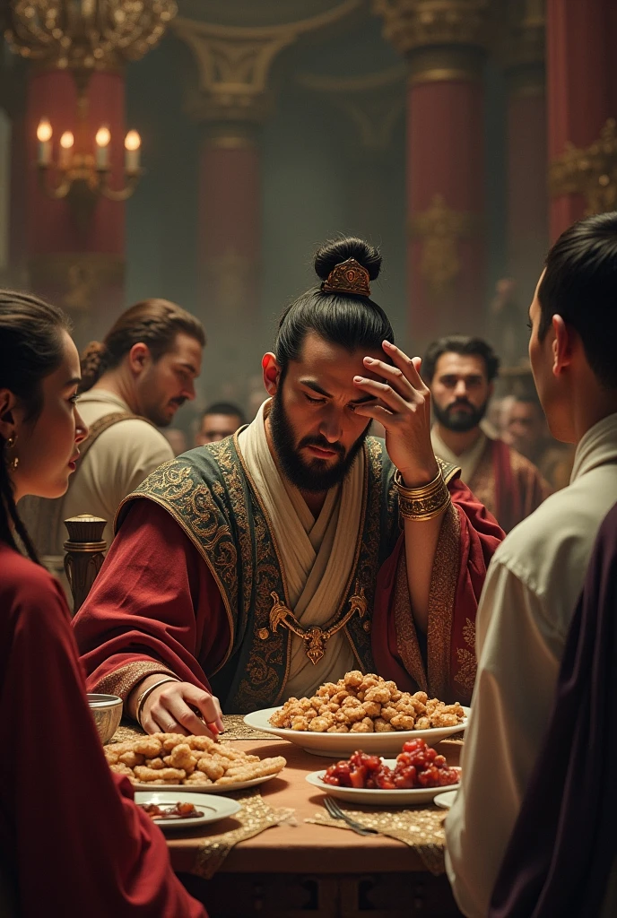 A man in ancient times at a banquet with a face of shame and a hand touching his head