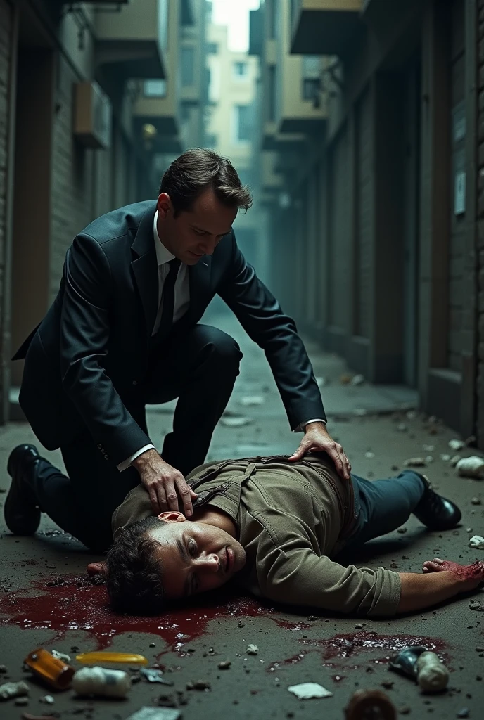 a crime scene realistic, murder together with the victim, investigator