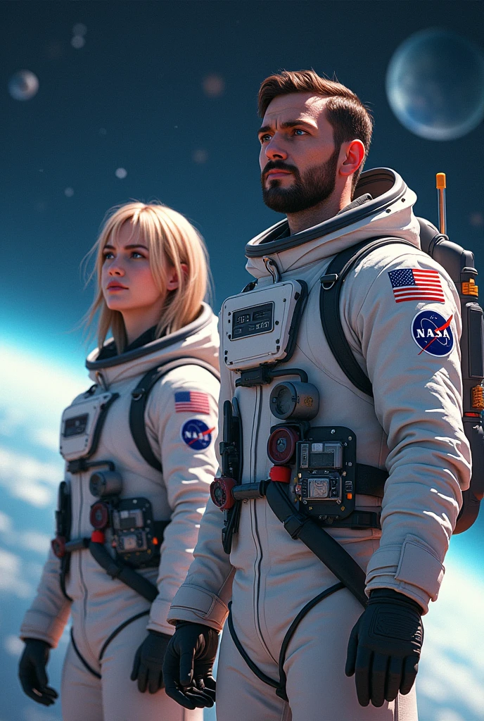 Create two characters wearing NASA clothes, one male and one female.