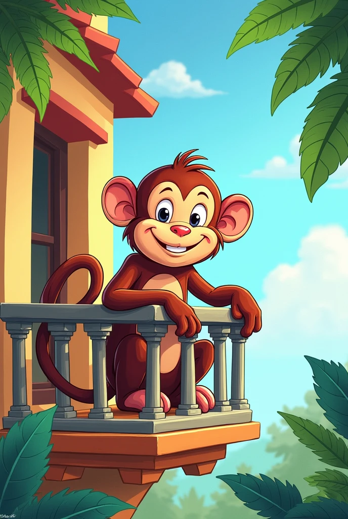 Drawing for kids of a monkey sitting on a balcony