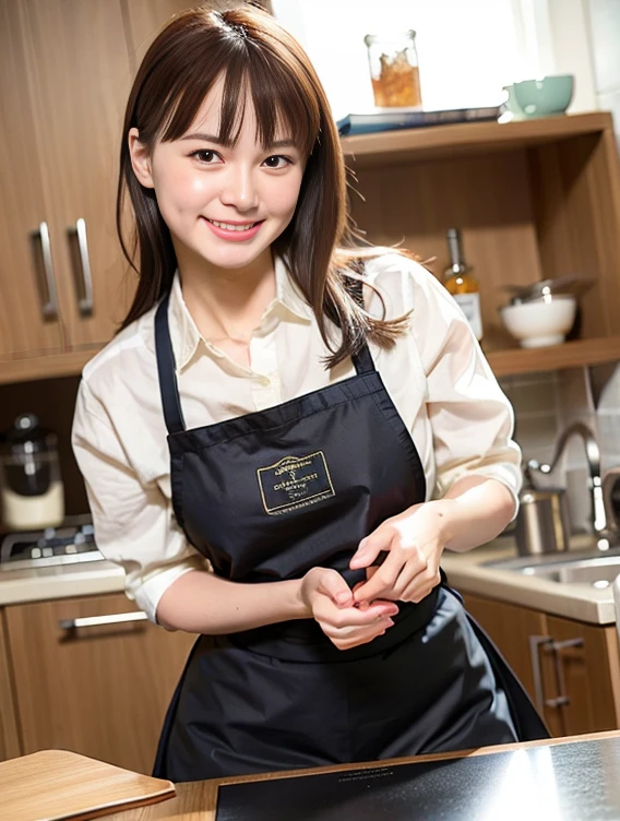 Best quality,Highly detailed,Masterpiece,Ultra-detailed,illustration,Ultra-high resolution, (Photorealistic:1.4,8k),Kitchen,1girll,Cute,(aprons, ),day,grin, face,Black hair,Clear face,