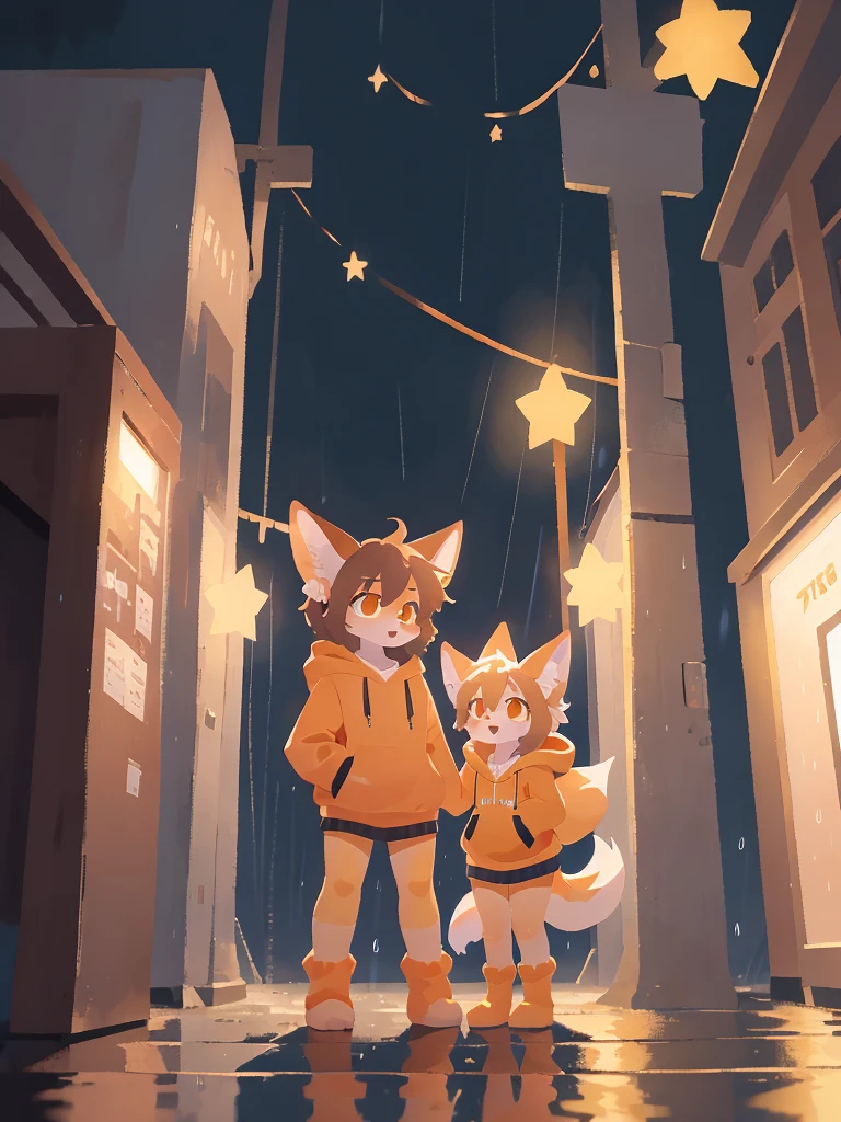 high quality, 1femboy, short, cute, slightly thick thighs, orange leg warmers, topaz embeds on leg warmers, fox, pastel orange fur, ruffled hair, pastel brown hair, orange pupils, starry highlights, orange fennec fox hoodie, hoodie off, one fox ear drooping down, eight pointed star earrings, eight pointed star necklace, orange necklace pendant, golden frame on tip of the ears, nonchalant look, tail swaying left and right, dark ambience, night, raining, standing at a bus stop