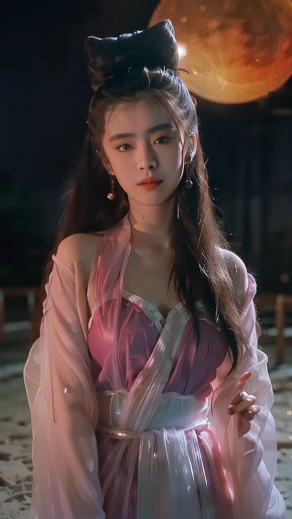 Nie Xiaoqian,Huang Xu Xian, BG_picture,Wearing an ancient Chinese dress (a translucent, shimmering pink robe:1.4), hair bun,alone,1 woman,long hair,angel,realistic,Chinese clothes,Hanfu,hair bun,lips,parted lips,Look at the viewer.,upper body(A background with ancient Chinese city:1.2),(standing in the light of a full blood moon:1.3),, เห็นตัวเธอด้านหน้าทั้งตัวbest quality , Masterpiece, illustration, Very delicate and beautiful, มีรายvery detailed ,CG,unity,8K wallpaper, miracle, exquisite details, Masterpiece, best quality,official art,มีรายvery detailed CG unity 8K wallpaper,nonsense, incredibly nonsense, Big file size , very detailed, height, มีรายvery detailed,Beautiful girl with details, มีรายvery detailed eyes and face, Beautifully detailed eyes,light on face,