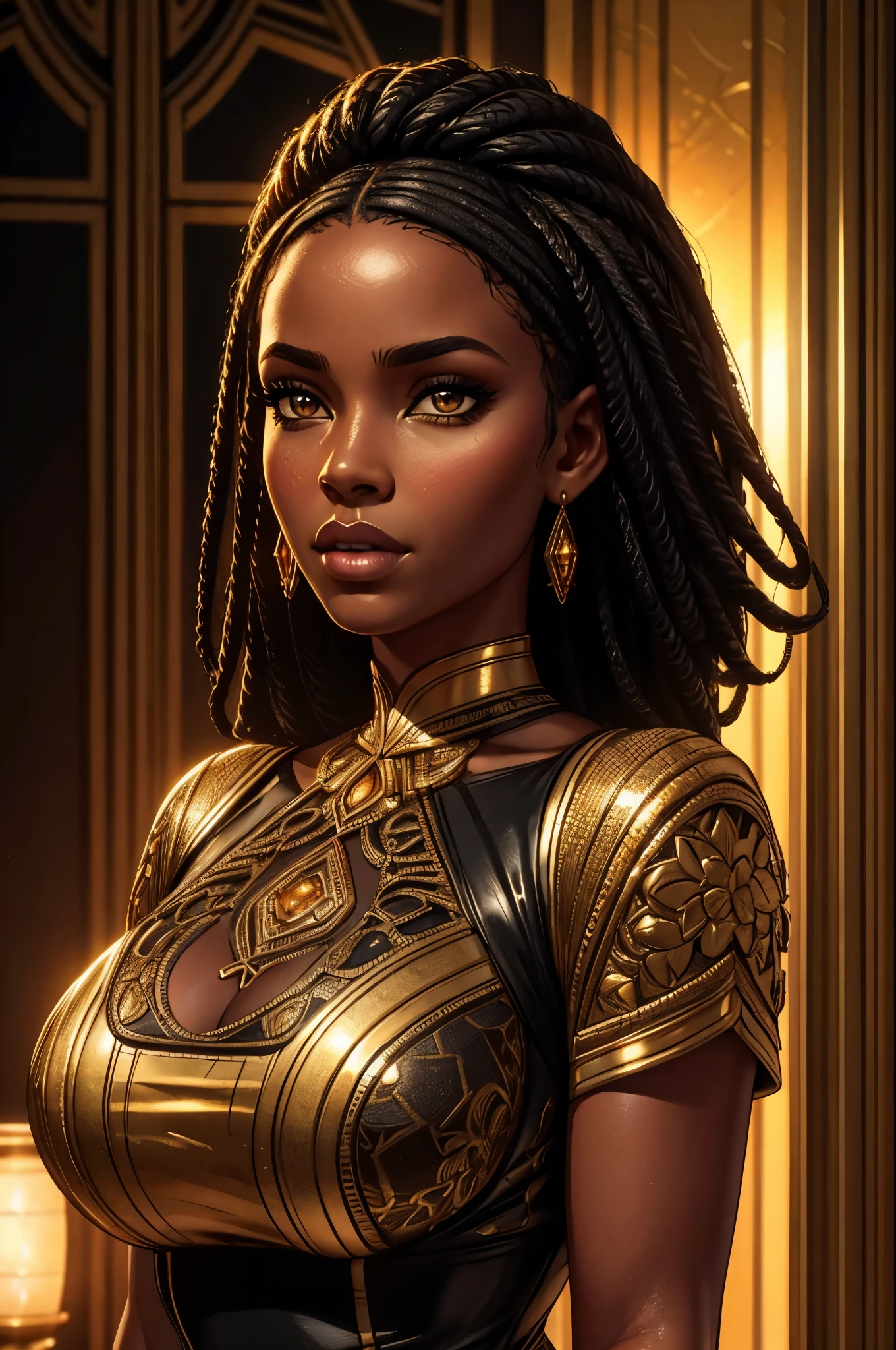 beautiful black woman, short (golden) dress that seems to flow like honey, detailed face, detailed eyes, detailed lips, highly detailed, photorealistic, octane render, cinematic lighting, dramatic composition, intricate details, high resolution, 8k, chiaroscuro, warm color palette, volumetric lighting, depth of field