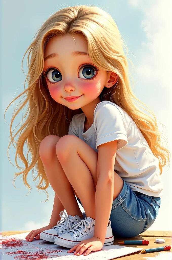 A 7  girl, with long wavy blonde hair, clear eyes, wearing a white t-shirt and denim shorts, white tennis shoes with red stripe, drawing style, in HDR