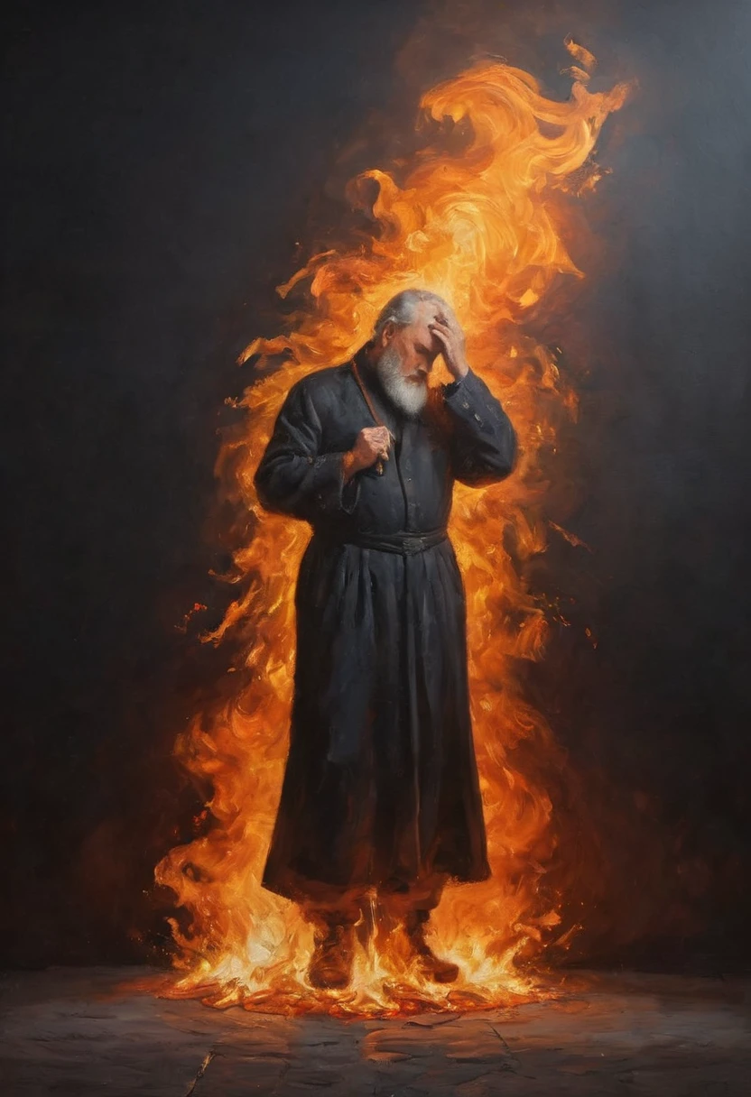 (best quality, masterpiece:1.2), A realistic painting of a man with his head on fire, black background, contrasting colors, exquisite, painterly, realistic painting, light painting, beautiful, breathtaking