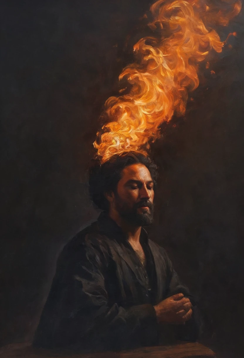 (best quality, masterpiece:1.2), A realistic painting of a man with his head on fire, black background, contrasting colors, exquisite, painterly, realistic painting, light painting, beautiful, breathtaking