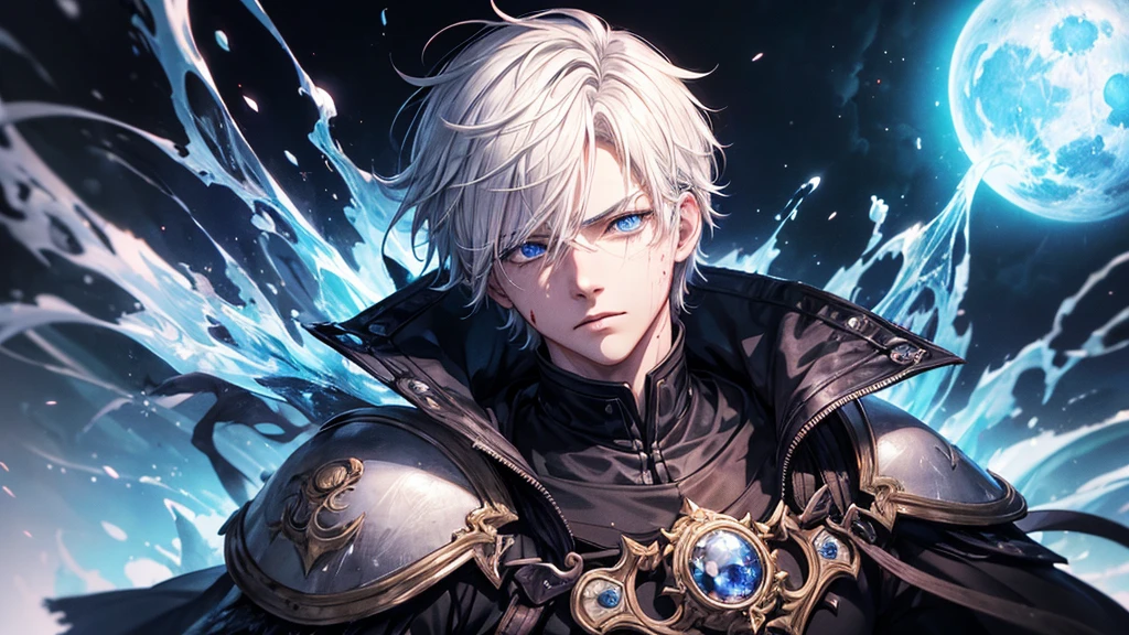 Boy, handsome, short white hair, (masterpiece:1.2、highest quality), (Exquisite blue eyes: 1.2), (Detailed Background、Dark fantasy), (cool detailed face), High Contrast, (Best lighting、Very delicate and cool), ((Cinema Lighting)), black coat with white dirty cloth, blood splatter, traveler, Hyper Detail, Dramatic Light, Intricate details, serious face, moon behind (25 years old, 1 boy, solo, white short hair, messy hair, pony in left ,Sharp Face, blue eyes, hair between the eyes, Dynamic), (Blood splatter:1.4), Black light swirling around the character, Depth of written boundary, blue light particles, Nightcore, black magician, Spectacular anime style, zerochan art, Anime Wallpaper, Burning, High quality anime art style, Key Anime Art