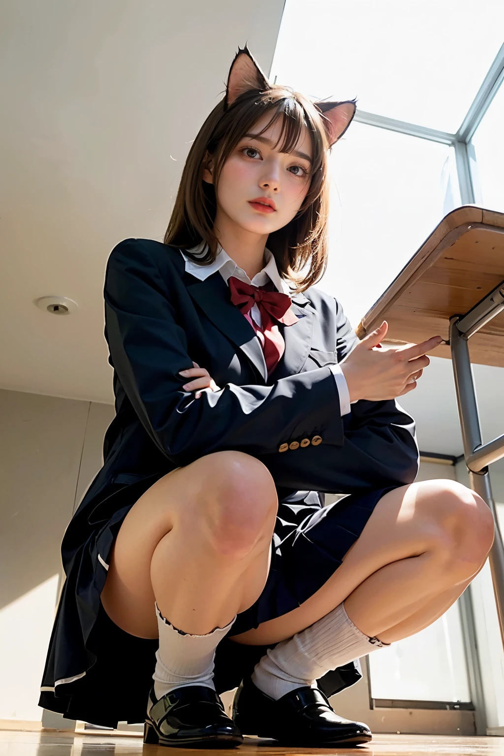 Masterpiece, bokeh, (Beautiful face), (Detailed face), (Japanese idle), (School uniform:1.3), (Blushed face:1.3), (Plump breast:1.2), (Squatting :1.5), (Cat ears:1.3), Classroom, (From below:1.5),