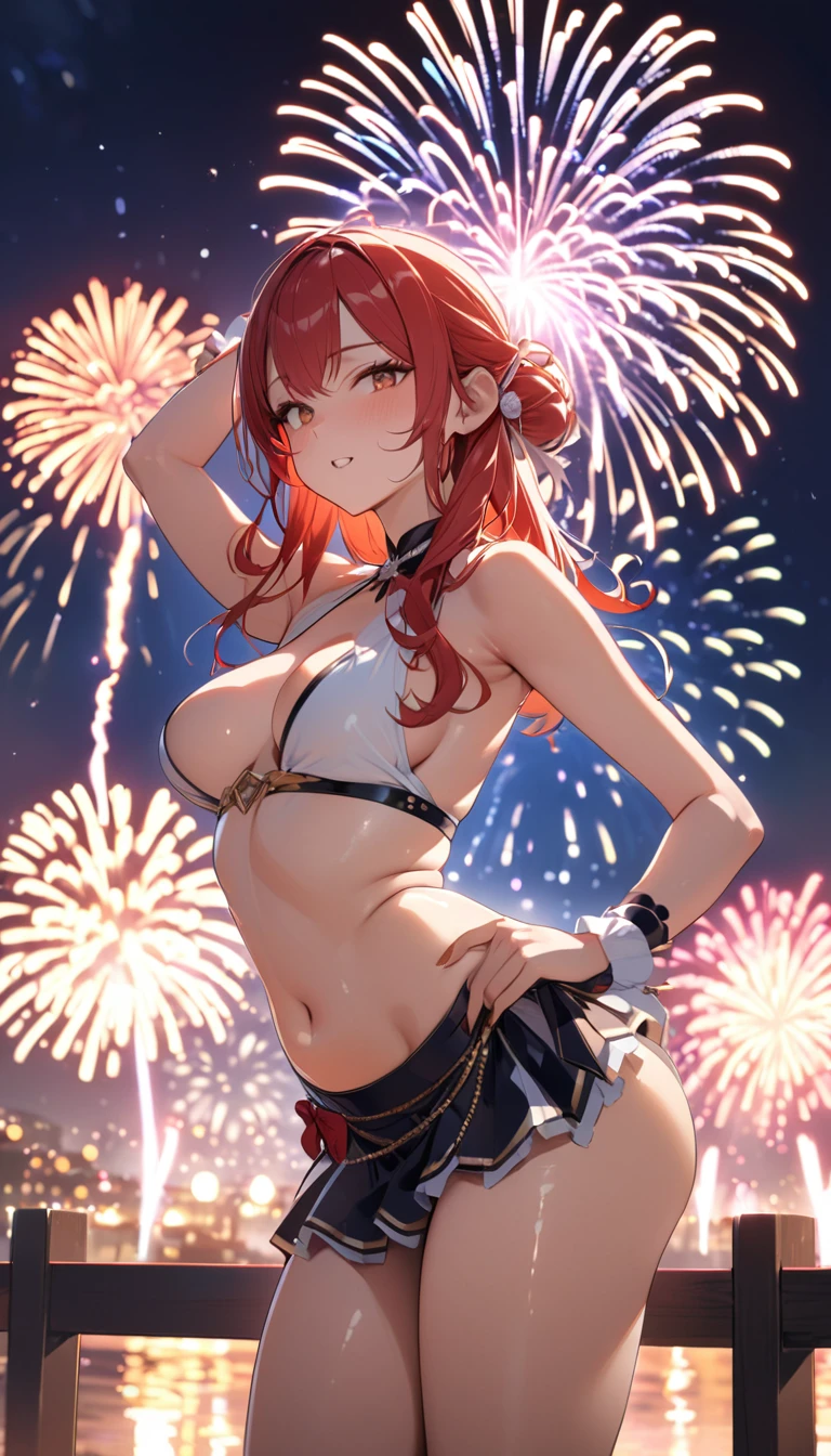 masterpiece,Highest quality,8k,Night Sky,firework,,Bold Pose,Big behavior,Shiny hair,Glossy skin,Japanese idol model,
