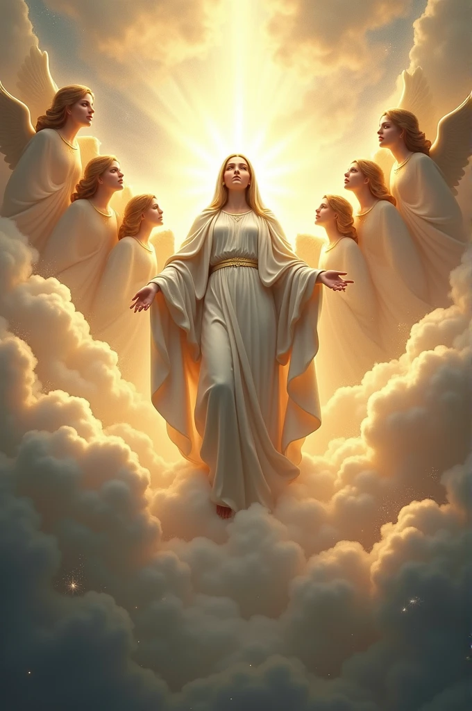 Hail marry going heaving with angles heaven in background ultra hd 4k masterpiece