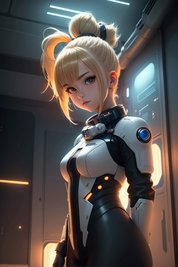 anime girl with blonde (ponytail hairstyle), hair sticking out on the sides, looking at the viewer, full-length pose, (sci-fi space station room), cyberpunk, cute, soft atmospheric lighting, (dimmed), futuristic details in background, high-quality illustration, captivating and mystical atmosphere, colorful stars visible through window, intricate interior design, ultra-detailed, stylish and elegant demeanor, inviting yet mysterious expression.