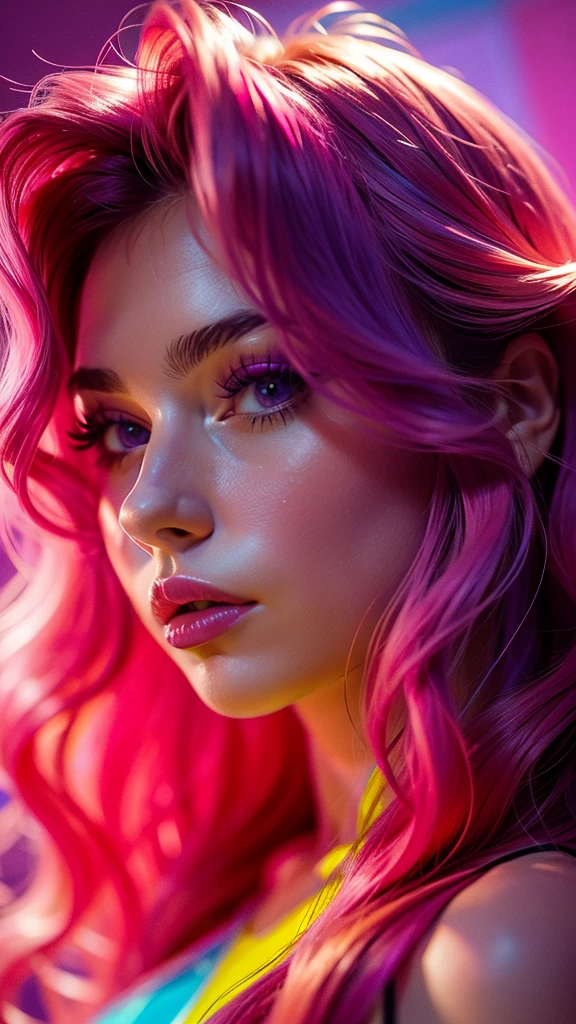 A young woman with fair skin, Long, wavy hair in shades of pink and purple. Her lips are full and painted a vibrant red.. Your eyes are big, With long eyelashes and eyeliner in a bold style. The background is a burst of neon colors in pink, orange and yellow, Creating a vibrant contrast. profile pic, 8 k quality.
