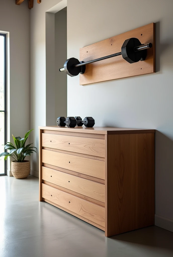 Create a detailed illustration of a modern dresser with integrated holders for a barbell and several dumbbells. The chest of drawers should be made of high-quality wood, with clean lines and a minimalist design. There should be holders for a barbell mounted above the dresser, that appear safe and stable. There should be additional holders for dumbbells on both sides of the dresser, so that the weights are easily accessible and neatly organized. The scene should be in a well-lit, modern fitness room
