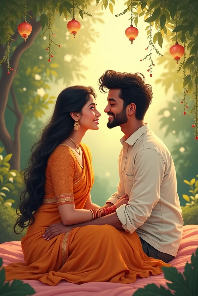 Beautiful southindian couples. Romantic sitting. Illustration image. Romantic look and smile