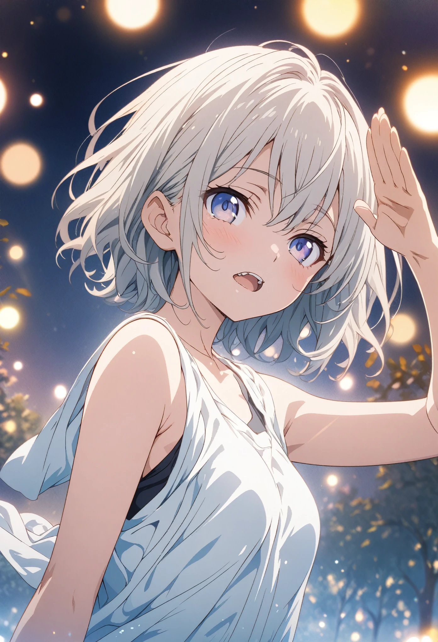 masterpiece, Highest quality, Highly detailed CG Unity 8k wallpaper, High School Girl Anime Illustration. Wear an oversized tank top、salute、Big eyes, Double teeth, half-closed eyes, jitome, short hair, The background is a light pastel colored landscape.., Bokeh, Depth of written boundary