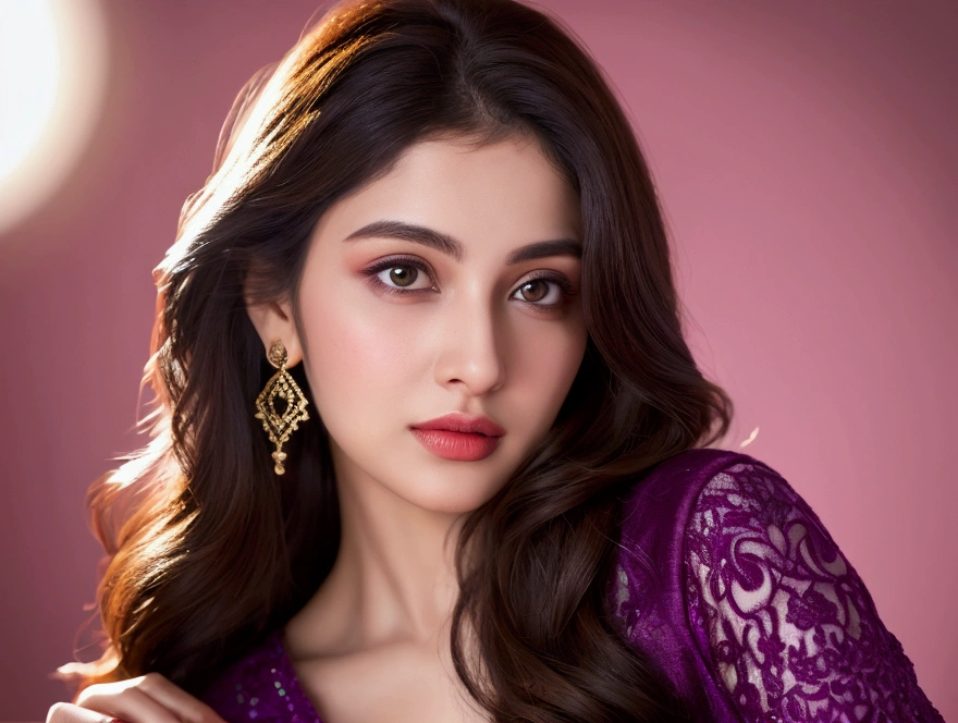 (realistic,photorealistic,photo-realistic:1.37),highly detailed, magenta color anarkali,gorgeous women,beautiful detailed eyes,beautiful detailed lips,realism style,dynamic pose,full body,8k quality,depth field,wavy long black hair,professional portrait lighting,vivid colors,ultra-sharp focus,soft natural lighting,sophisticated expression,breathtaking composition,subtle background,highres