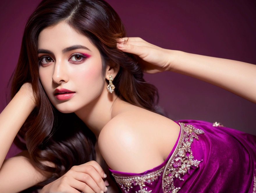 (realistic,photorealistic,photo-realistic:1.37),highly detailed, magenta color anarkali,gorgeous women,beautiful detailed eyes,beautiful detailed lips,realism style,dynamic pose,full body,8k quality,depth field,wavy long black hair,professional portrait lighting,vivid colors,ultra-sharp focus,soft natural lighting,sophisticated expression,breathtaking composition,subtle background,highres