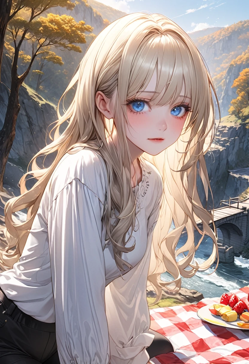 Illustration, detailed illustration, ultra detailed, dynamic angle, 19 year old girl, beautiful, platinum blonde, long hair, wavy hair, cold blue eyes, pale skin, emotionless, disdainful, outdoors, scenic view, white shirt, black shorts, natural setting, trees, cliffside, picnic blanket, bridge in background