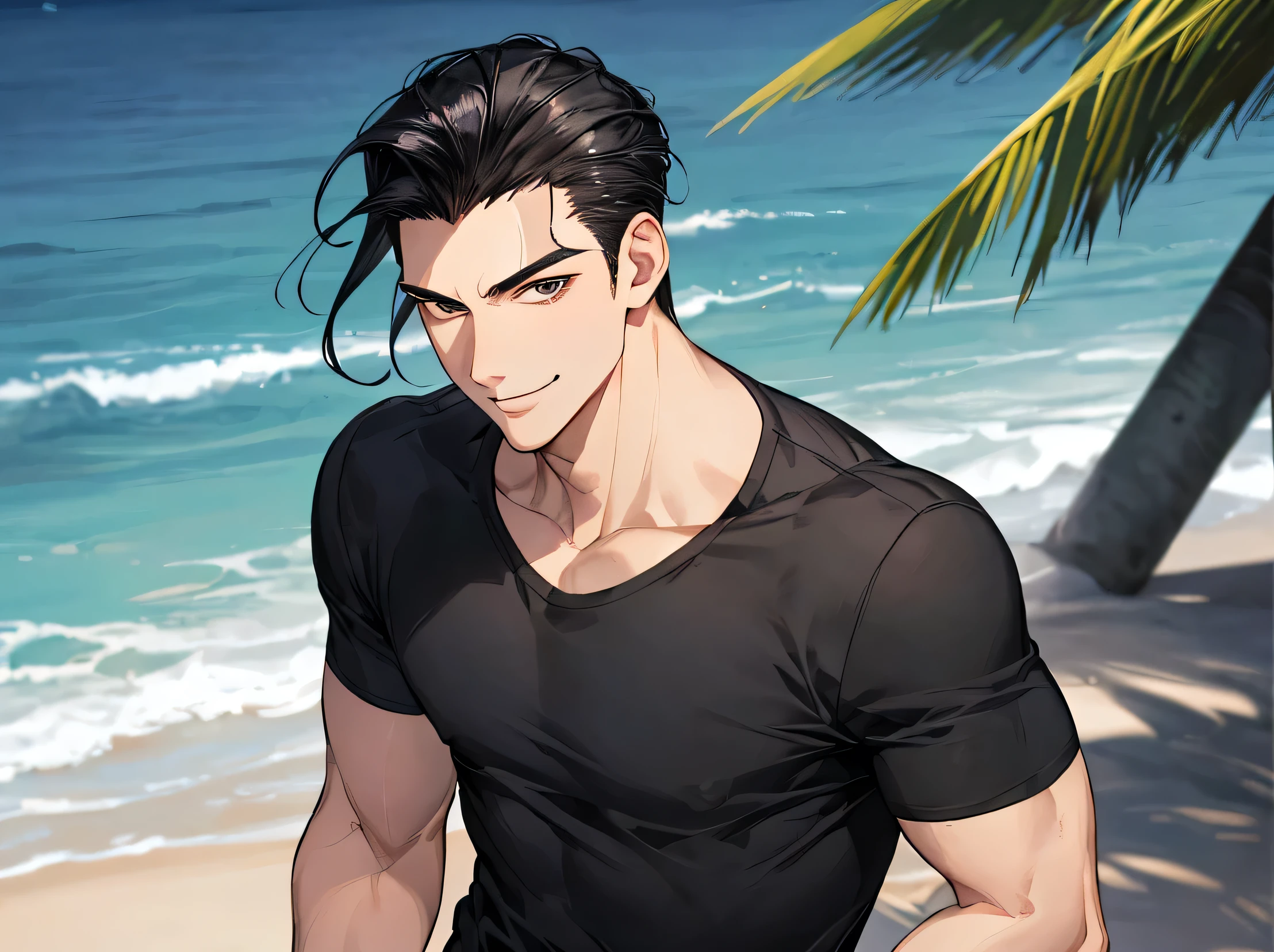 stall,Working Adults.,male,good looking,Cool vibe,I,Black-haired,Raking up,hair slicked back,,Viewer Perspective,Upper Body,Face close-up,Excited,Slim and muscular,smile,Stylish clothes,A tight black T-shirt,Background sea,Beach,(stall),stall