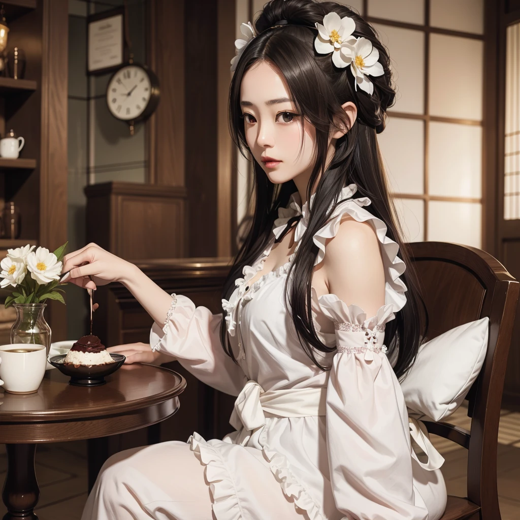 Japanese woman with long black straight hair、Deliciously enjoying chocolate cake and hot coffee at a classic cafe、Drinking with satisfaction、Black and white frilly gothic fashion、、Red ribbon and white flower corsage、beautiful、masterpiece、High resolution、Precise、Delicate 8K digital art