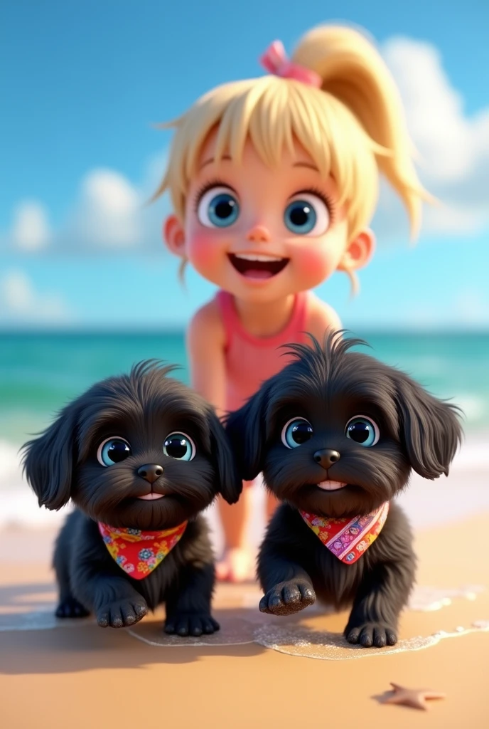 cute adorable 2 black shih tzu puppies, cute blonde girl, extremely detailed, big blue eyes, wearing colorful collar and bandana, surfing, 3D Pixar style, at beach, photorealistic, (best quality,8k,highres,masterpiece:1.2),ultra-detailed,(realistic:1.37),HDR,vivid colors,studio lighting