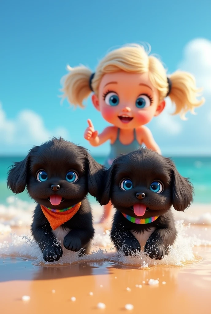 cute adorable 2 black shih tzu puppies, cute blonde girl, extremely detailed, big blue eyes, wearing colorful collar and bandana, surfing, 3D Pixar style, at beach, photorealistic, (best quality,8k,highres,masterpiece:1.2),ultra-detailed,(realistic:1.37),HDR,vivid colors,studio lighting