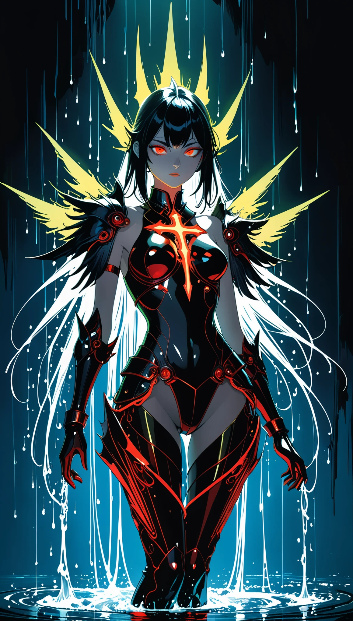 in style of Hans Hartung,in style by Kilian Eng
(1girl,character conceptual design,half body),gravure_pose,red eyes,black wings on back,glowing fluorescent,armor,giant forearm,drops of water,waterline string,irregular light cross spikes,(all eyes know:1.8)