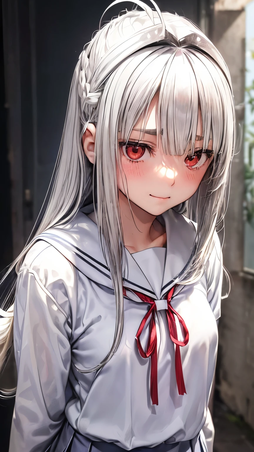15 years old Japanese depressed and tidy girl ((extra very small breast))((slender )), (( white and silver straight middle length hair))((shaggy forelock :1.5)), ((tidy white school uniform:1.5))((ennui smile)), ((sharp and gentle light red eyes)), eyelashes, sadly eyebrow, scared and alone atmosphere, blush, seems very cornered and troubled, looking back pose, (( face focus:1.3)), best quality,MSFW