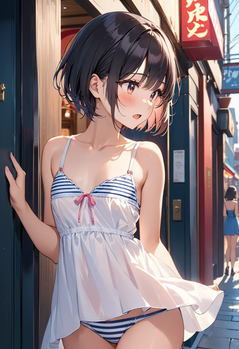 (highest quality:1.5,Cowboy shot:1.2),(perfect beautiful face:1.2),(perfect and beautiful posture:1.2),(Solo,Japanese girl),((messy short cut hair), (confused:1.3,embarrassed), shyness:1.1),((flat chest:1.4)),(open mouth,(simple White dress,stripe bra Panties),black hair,Looking away,(at the City alley:1.3,nearly the strip show theatre entrance),(scared expression,constricted pupils:1.3,tears), pov, (((pov hands:1.2, assisted exposure:1.3, pulled bra by another:1.3, undressed simple dress by another:1.3, undressing Panties by another:1.3))), shiny skin, oiled skin,embarrassed,(nipples slide),sticky with a lotion and sweat