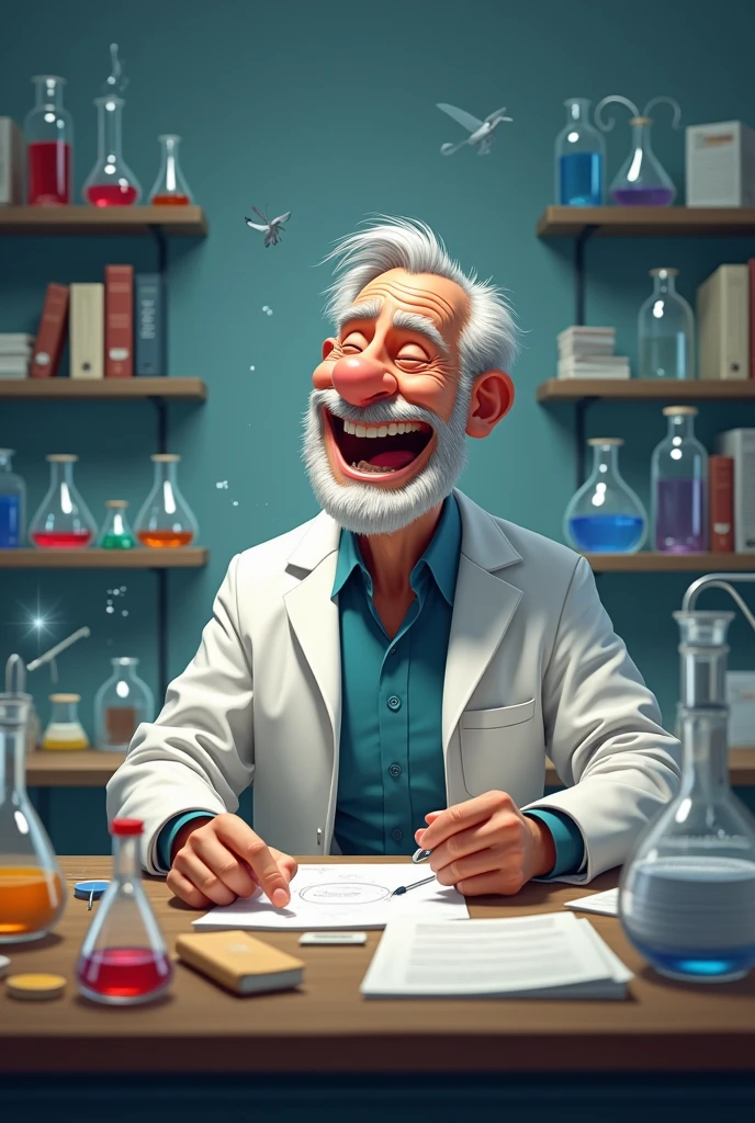 Image of a man working in a laboratory while laughing out loud