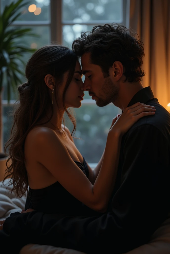 Give a picture of a girl talking into the man's ear