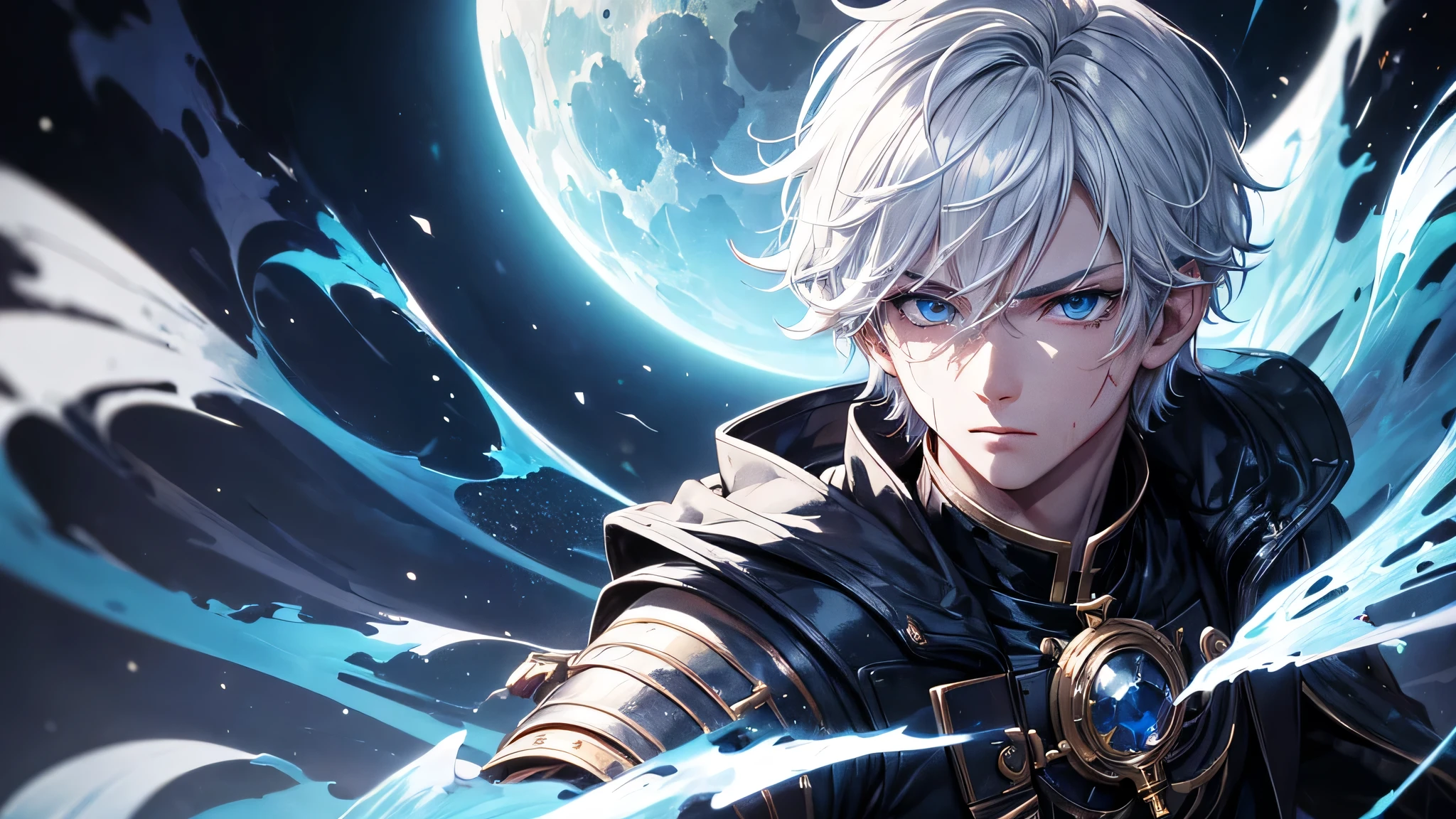 Boy, handsome, short white hair, (masterpiece:1.2、highest quality), (Exquisite blue eyes: 1.2), (Detailed Background、Dark fantasy), (cool detailed face), High Contrast, (Best lighting、Very delicate and cool), ((Cinema Lighting)), black coat with white dirty cloth, blood splatter, traveler, Hyper Detail, Dramatic Light, Intricate details, serious face, moon behind (25 years old, 1 boy, solo, white short hair, messy hair, pony in left ,Sharp Face, blue eyes, hair between the eyes, Dynamic), (Blood splatter:1.4), Black light swirling around the character, Depth of written boundary, blue light particles, Nightcore, black magician, Spectacular anime style, zerochan art, Anime Wallpaper, Burning, High quality anime art style, Key Anime Art