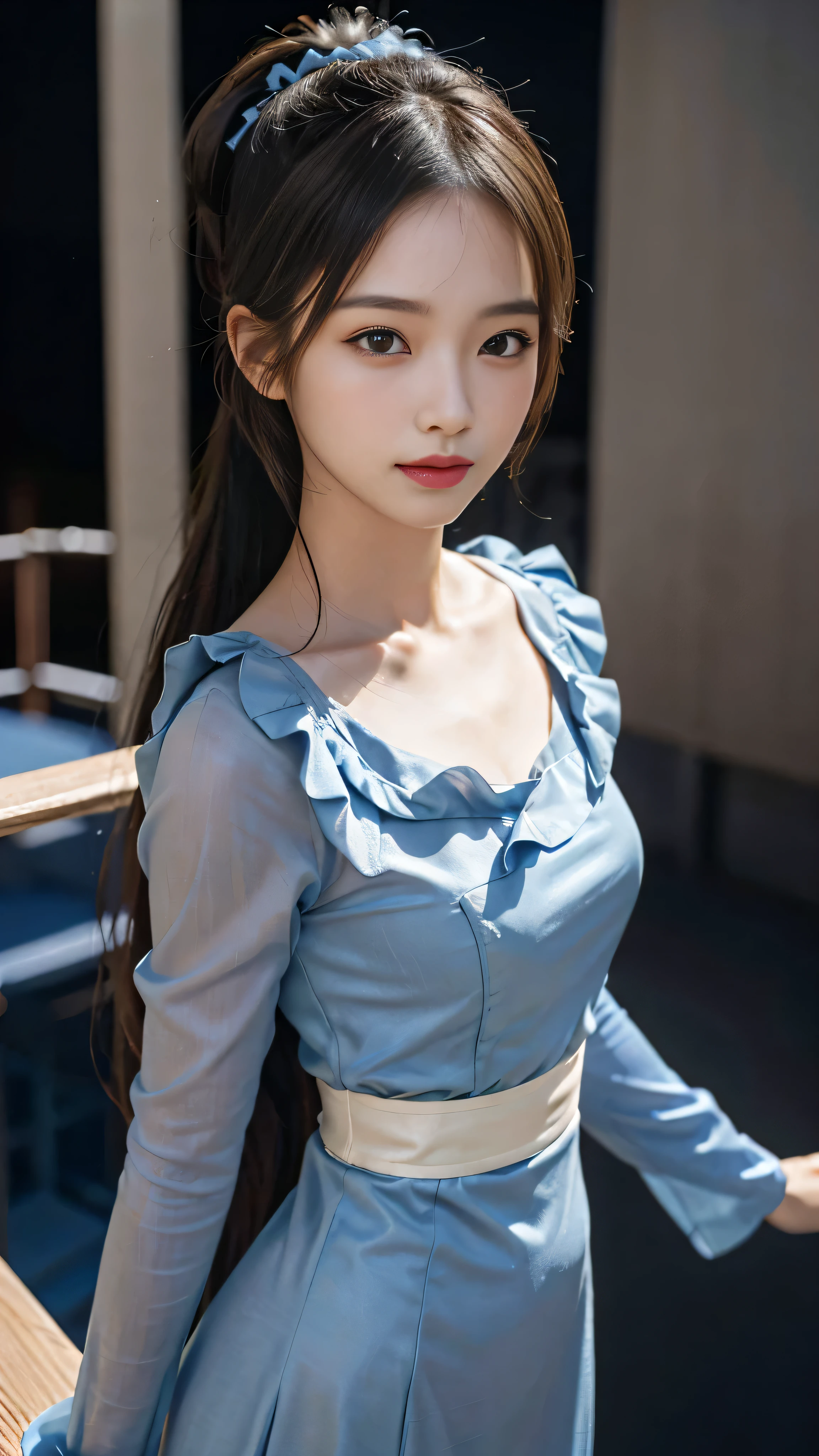Close-up face,Standing on the stage,Blue long skirt,With lots of ruffles,A woman,On the table, Highest image quality, high quality, Clear background,Beautiful woman, Japanese, detailed, detailed eyes, detailed skin, Beautiful Skin, 超high resolution, (Reality: 1.4),非常Beautiful woman, Slightly younger face, Beautiful Skin, slim, (Hyper-photorealism), (high resolution), (8K), (Very detailed) (Beautifully detailed eyes), (Very detailed), (detailed face), View Viewer, Fine details, detailed face, Look straight ahead, Look straight ahead, Photo-realistic, Bright Lights, Professional lighting, Black Hair,Ponytail,a baby face,,发型是Ponytail辫,长Ponytail发型,Smile,Dress neatly,Beautiful Japanese KPOP idol photo, 发型是Ponytail辫, My eyes are big and heavy, baby face, 微笑并Look straight ahead, slim, Small Breasts,A blue ri the head,